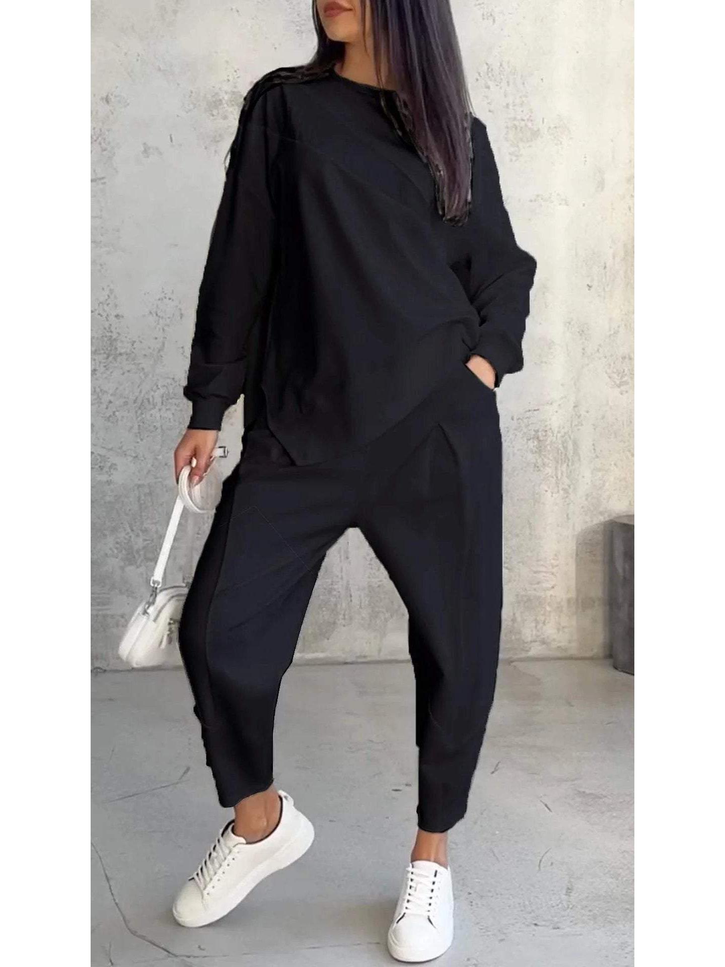 

Женский свободный комплект свитшота с круглым вырезом на осень/зиму 2024 года - Европейский и американский стиль XL чёрный