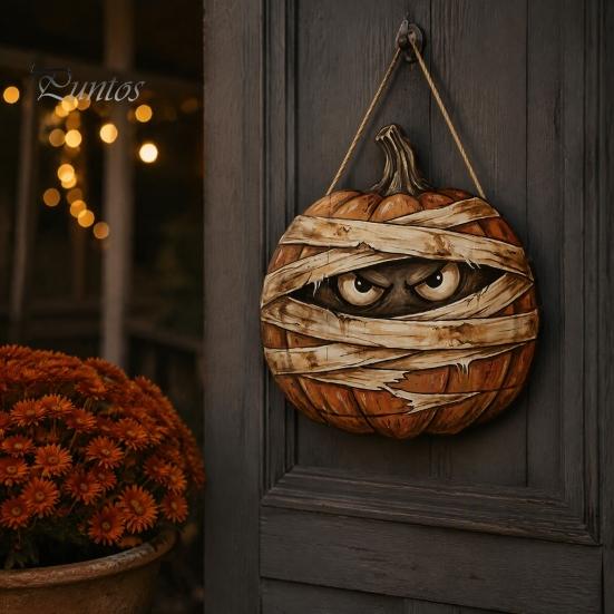 Decorative Hanging Party Sign Halloween Mummy Pumpkin Sign, Retro Wooden Pendant with Poplar Wood Holiday Plaque Hemp Rope for Front Door Wall