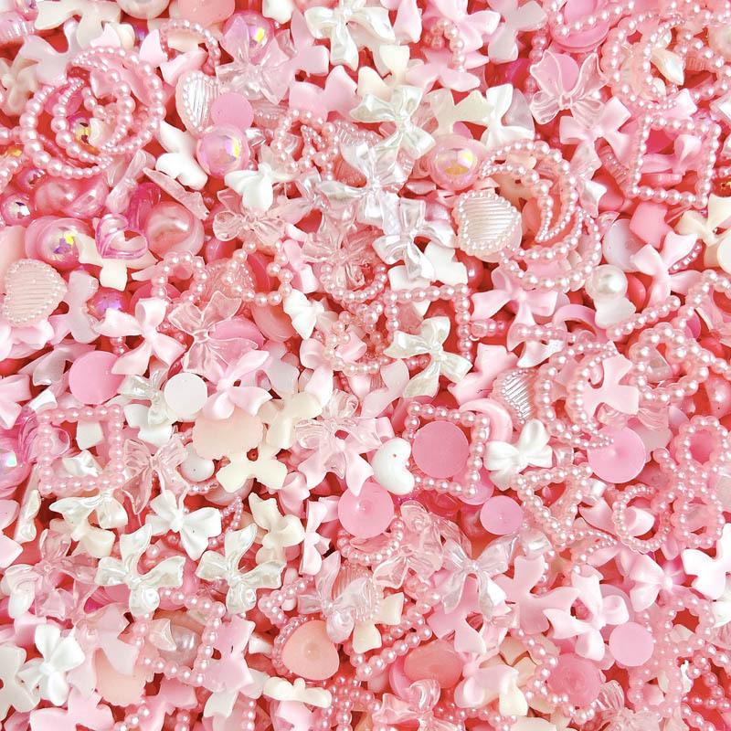 50pcs Barbie Pink Girly Nail Art Accessories: Iridescent Hearts, Bows, Pearl Embellishments, Press-On Nails.
