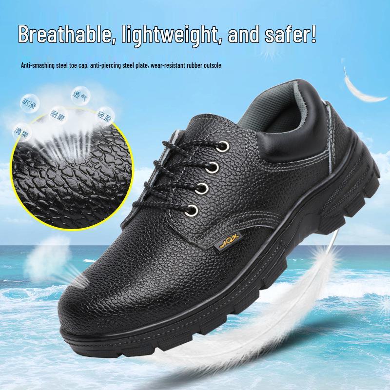 Thunderbolt Shield Low-Top Cowhide Safety Shoes: Anti-Smash, Anti-Puncture, Insulated, Wear-Resistant Rubber Outsole.