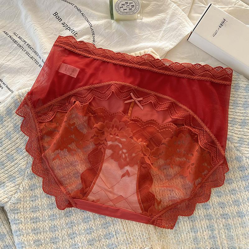 Plus Size Women's Light Luxury Lace Mesh Hollow Skin Friendly Breathable Comfortable Non Trace Mid Waist Underwear