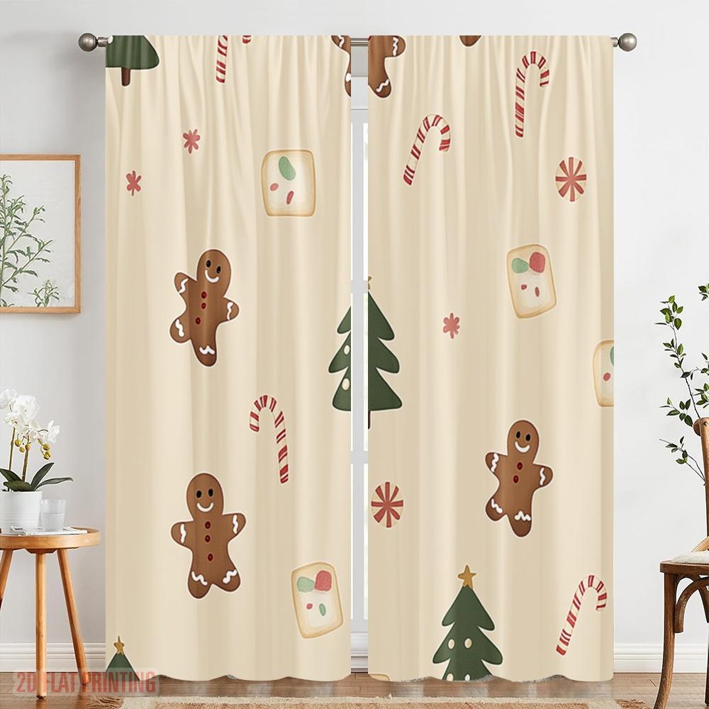 2pcs  2D Plane Printing Popular Curtains Christmas Candy Tree (2) Polyester Easy Install (without Rod) Festive for Kitchen