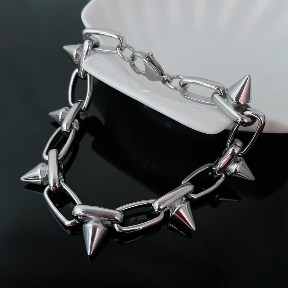 New Punk Rivet Spike Chain Bracelet for Men Women Stainless Steel Gothic Biker Bracelet Hiphop Rock Jewelry Gift Accessories 23cm серебряный