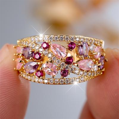Pink Purple Crystal Water Drop Stone Engagement Rings For Women Vintage Gold Color Wedding Bands Birthstone Jewelry Party Gifts