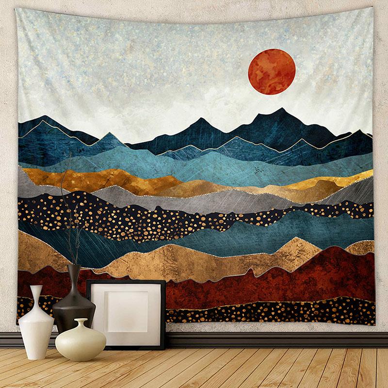 Nordic Mountain Sunset Printed Tapestry Natural Landscape Wall Hanging Cloth Beautiful Bedroom Background Decoration with Nails
