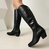 Womens Chunky Heel Square Toe Combat Boots High Shaft Black PU Winter Fashion Neutral Style