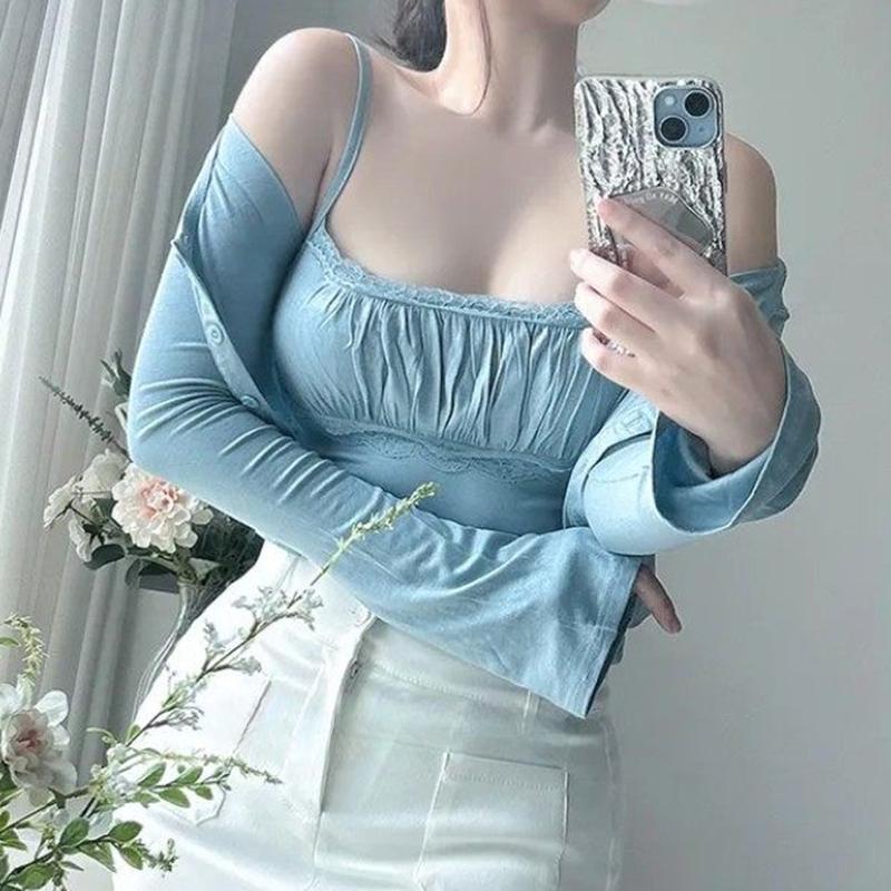 

Korean Elegant Lace-Trim Camisole & Cardigan Set One Size синій
