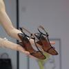 2025 summer new French temperament versatile square head cross with niche simple wedge heel high heel gold sandals women