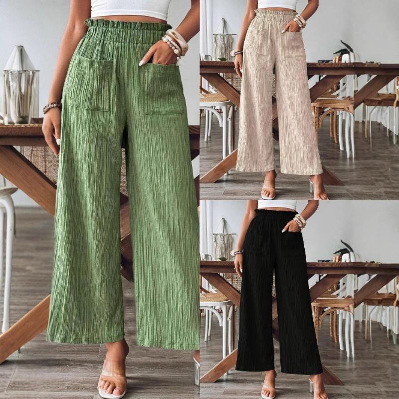 Fashion Women's Summer Elastic Waist Pocket Wide Leg Trousers Nine Points Pants