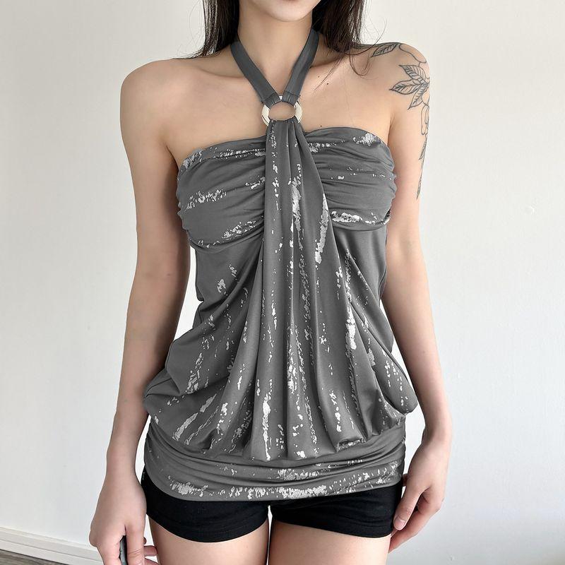 Y2K Retro Fashion Personality Metal Ring Tie Halter Neck Tube Top Street Style Silver Foil Shimmer Trendy Sexy Top