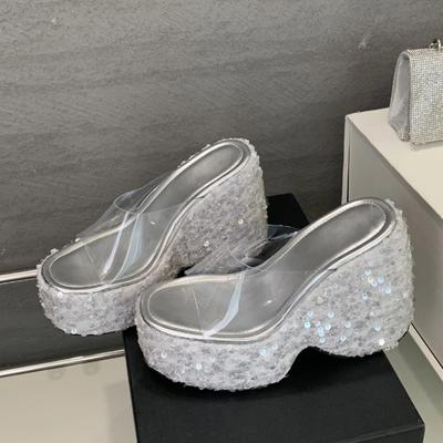 Bling Sequin Cloth Platform Wedges Women's Slipper Designer PVC Transparen Open Toe High Heels Banquet Shoes