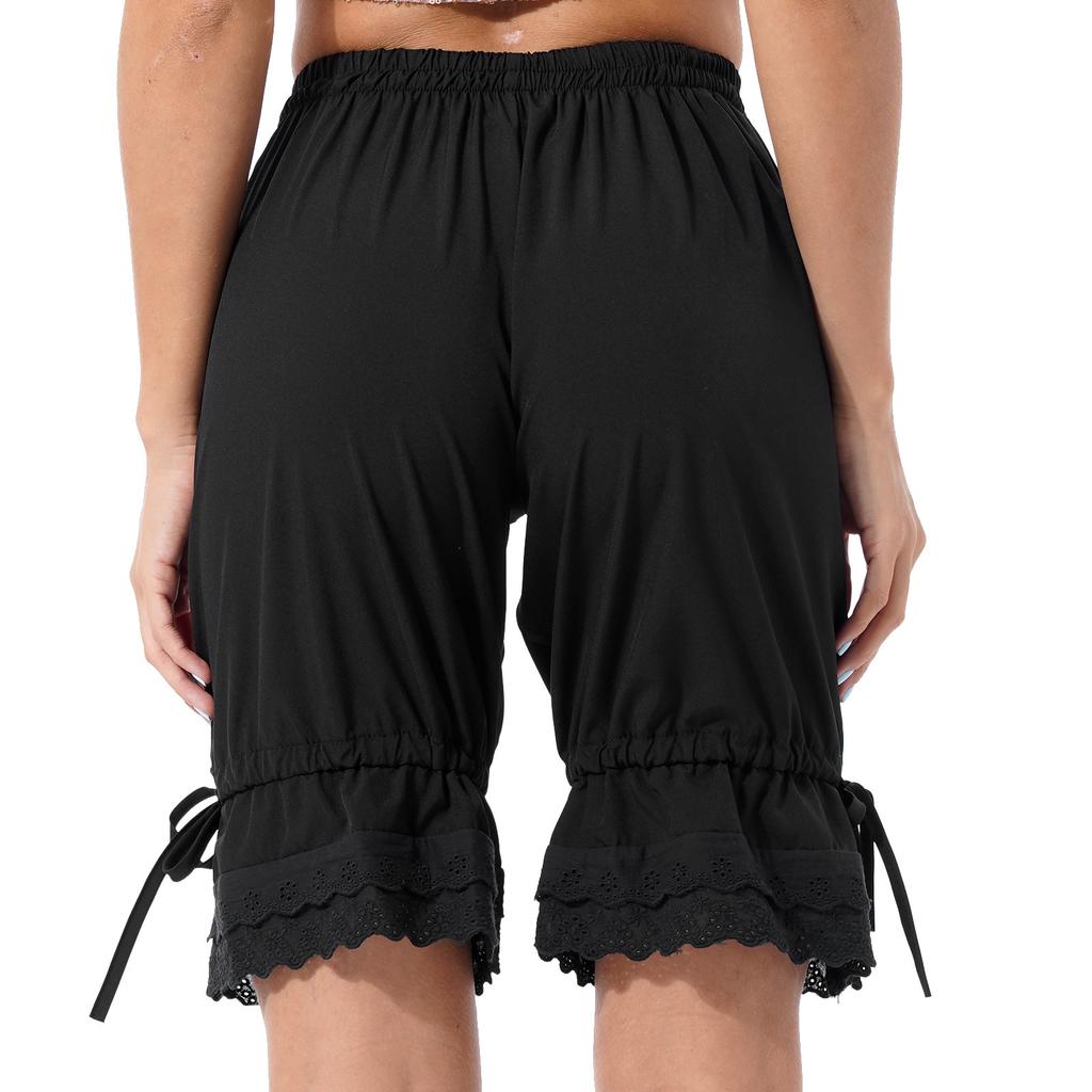 Damskie casualowe luźne spodenki z elastycznym pasem, gładki kolor, koronkowy falbankowy dół, sznurek, średnia długość