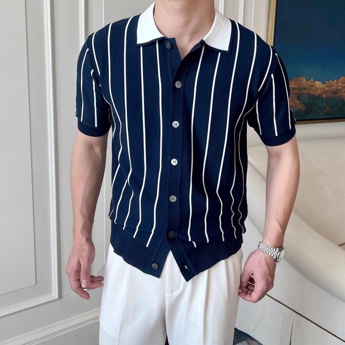 

2025 Summer Color Block Knitted Polo with Turn-Down Collar - Trendy Short Sleeve T-shirt 3XL темно-синього кольору