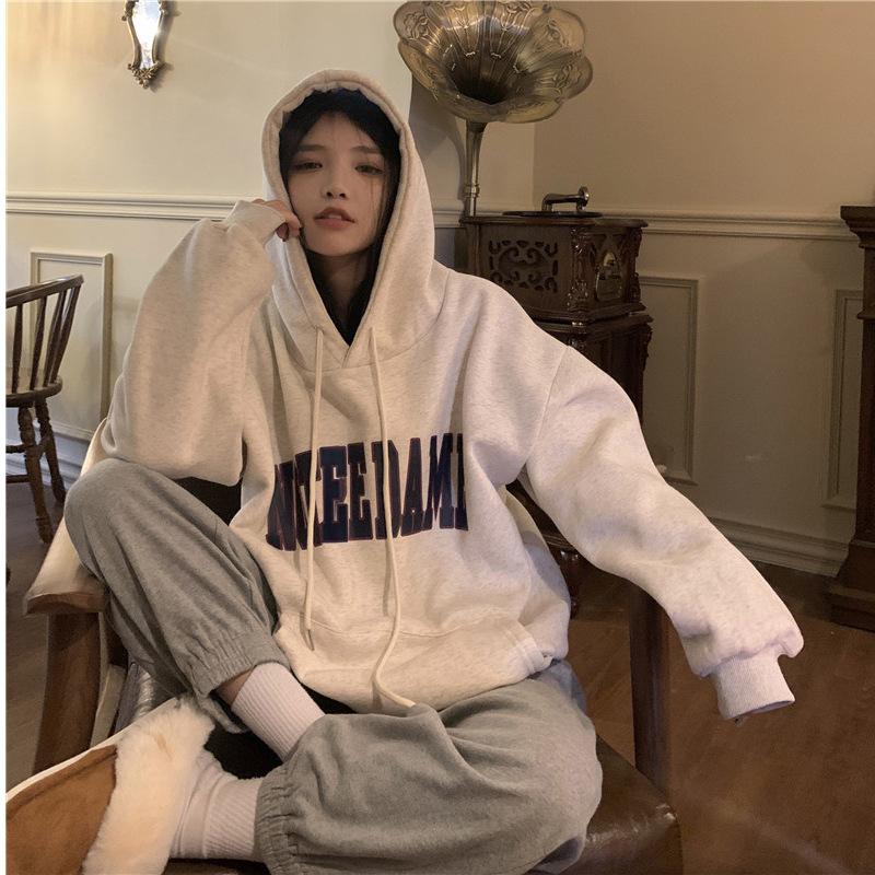 Women Warm Soft Hoodies Padded Hooded Sweater Fall and Winter Big Yards Printed Flannel Shirt Fall and Winter Retro Simple Literary Loose Tops