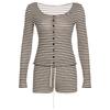 Korean Autumn Striped Two-Piece Set: Round Neck Button-Down Long Sleeve Top & Low Rise Shorts for Women