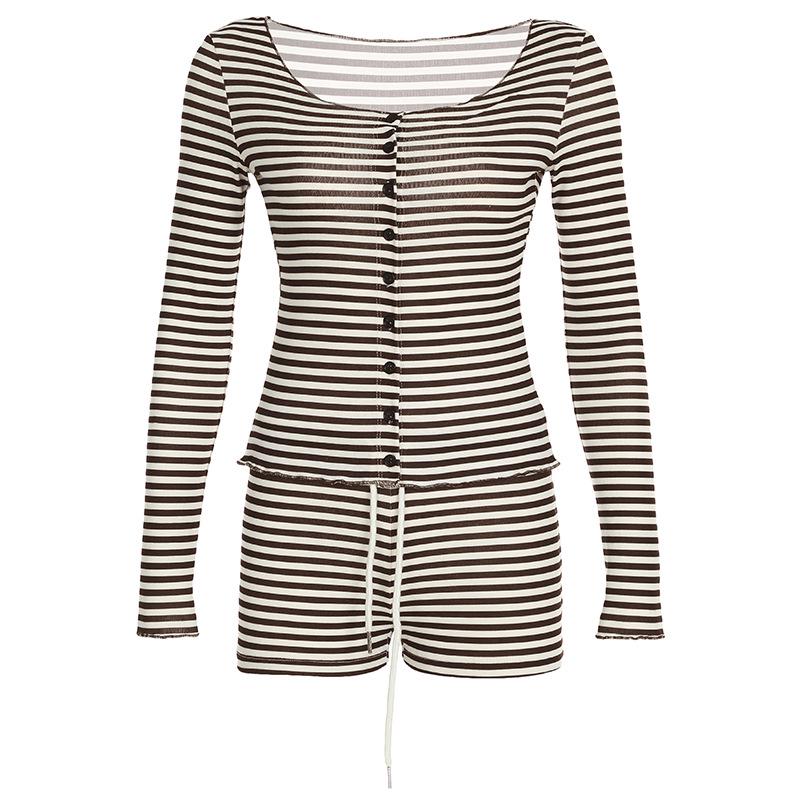 

Korean Autumn Striped Two-Piece Set: Round Neck Button-Down Long Sleeve Top & Low Rise Shorts for Women Small коричневый