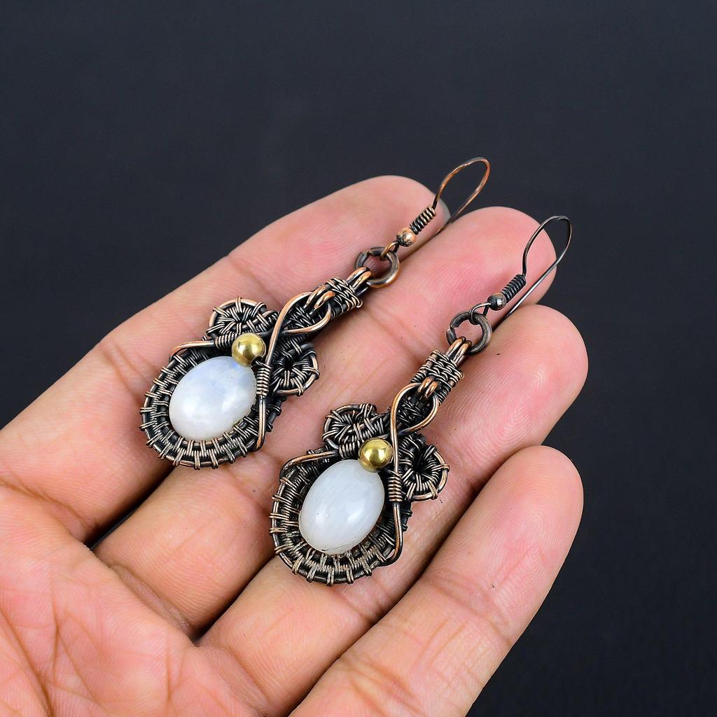 Rainbow Moonstone Earrings Gemstone Jewelry,  999 Copper Wire Wrapped Earrings, Handmade Beautiful Jewelry Earrings
