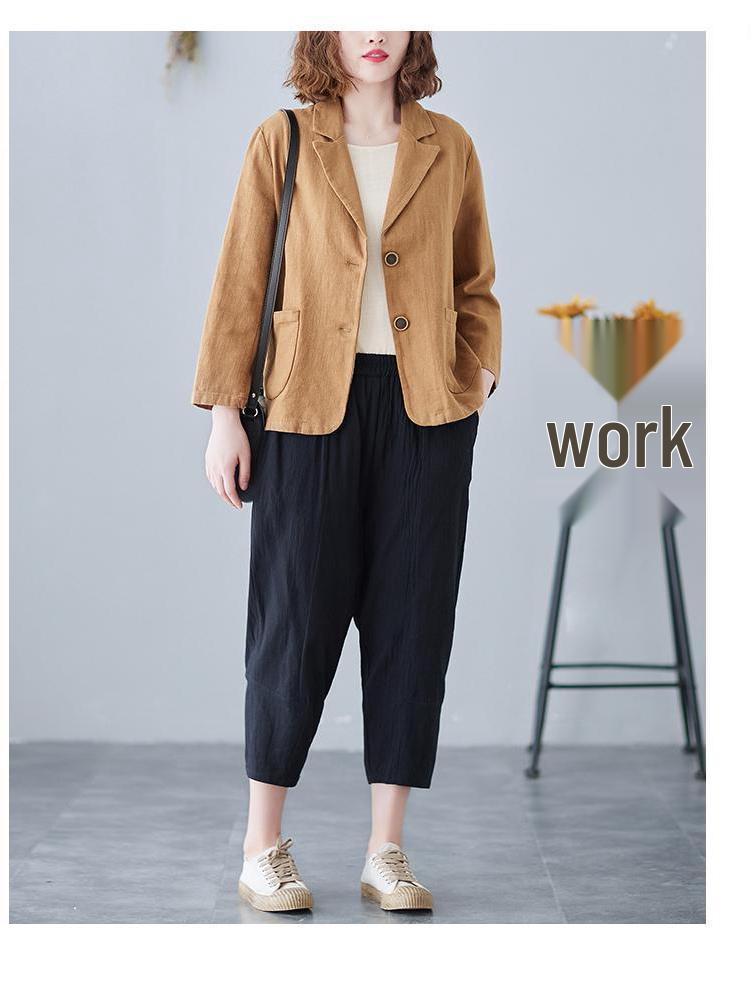Women's 2024 Spring/Autumn Cotton-Linen Loose Casual Blazer - Plus Size, Long Sleeve, Short Jacket