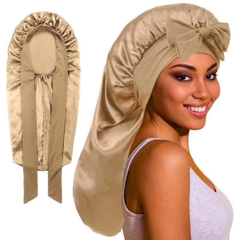 Simulation silk wide edge long tube nightcap, bow streamer long tail high elastic satin hair care cap