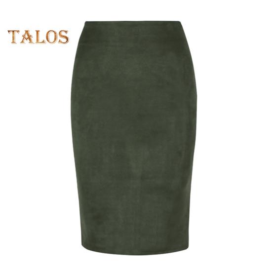 Fusta creion pentru femei, cu talie înaltă, cu șold înfășurat, de culoare uni, din piele de căprioară, cu design cu fantă în spate, cu fermoar, până la genunchi.