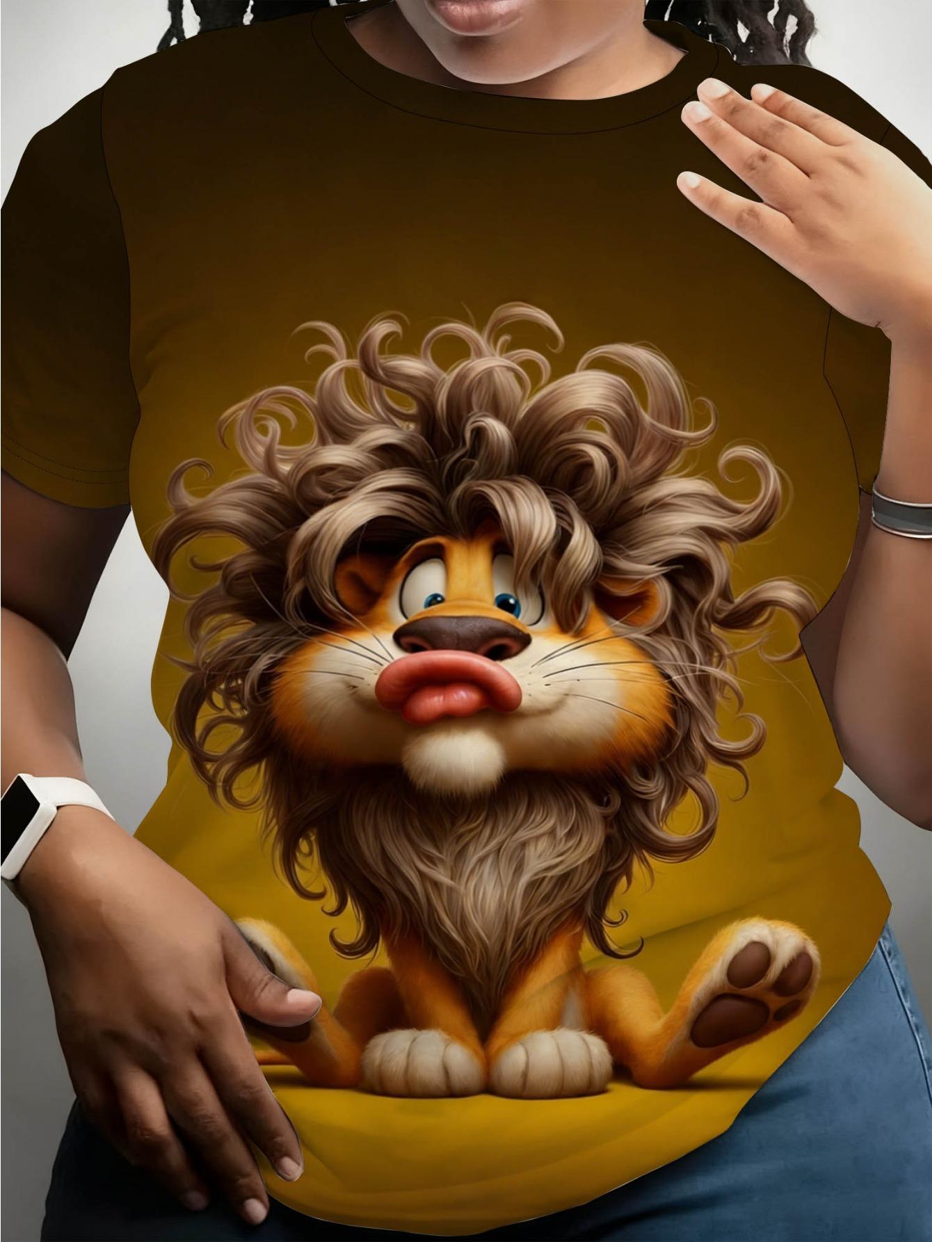 

Women s Lion Print T-Shirt with Pompadour Hairstyle - Warm Brown Round Neck Short Sleeve Soft Comfortable Fabric Suitable for Summer. Casual Blouse To 3XL