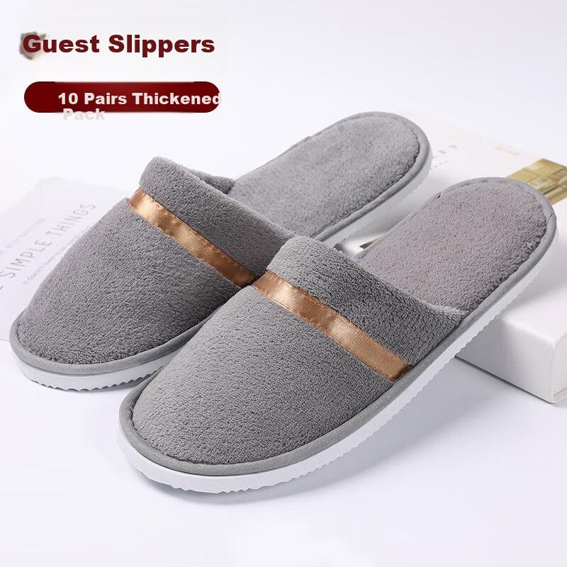 Etravel Disposable Slippers, 10 Pairs, Thickened Travel And Home Non-Slip Coral Fleece Slippers, One Size Fits All 35-44, Gray