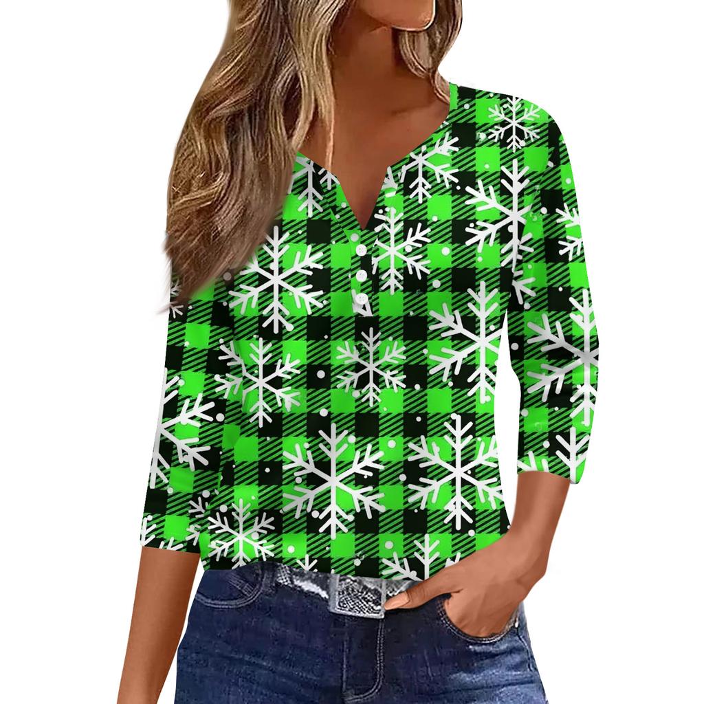 Women's Casual Fashion V-neck Loose Versatile Christmas Print Three-quarter Sleeve Top