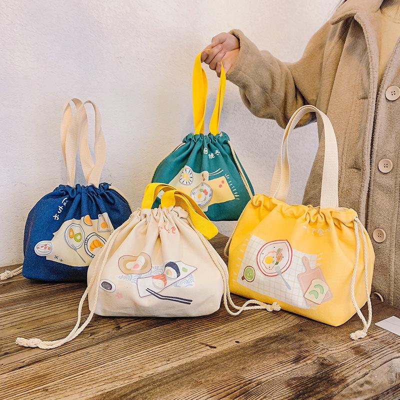 Retro Cute Large Capacity Canvas Drawstring Lunch Bags Creativity Handheld Bento Bag Handbag Portable Storage Bags Gifts