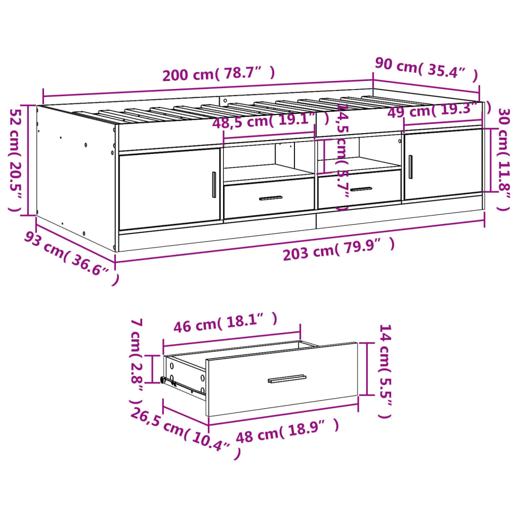 Daybed with Drawers Without Mattress Smoked Oak 90x200 Cm