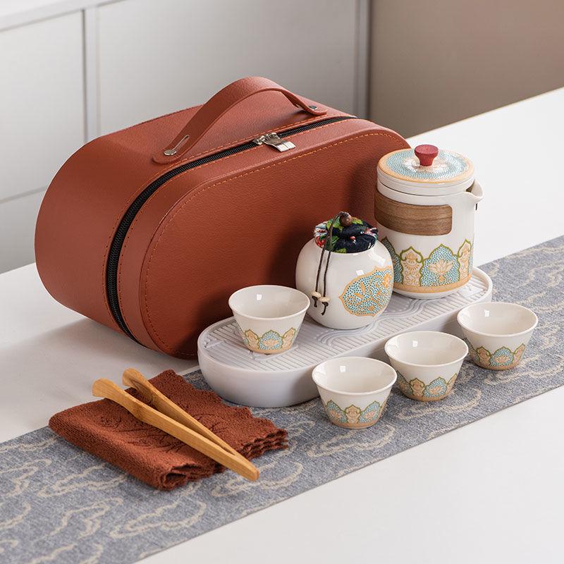 Ancient Charm Ceramic Travel Tea Set: Quick-Brew Pot with Three Cups for Outdoor Use - Customizable Logo Gift