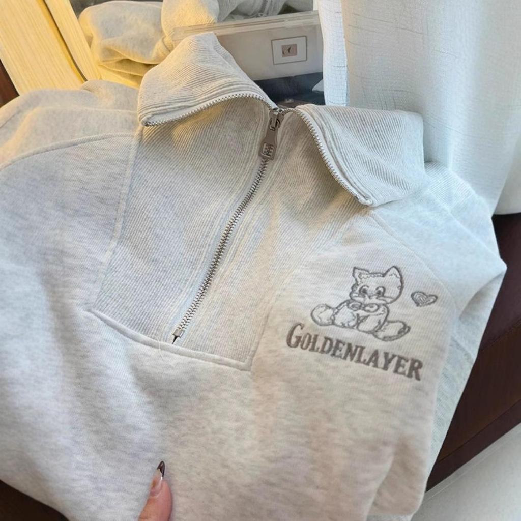 Women's Retro Turn-Down Collar Zipper Hoodie - Spring/Autumn Loose Lazy Style Pullover Top