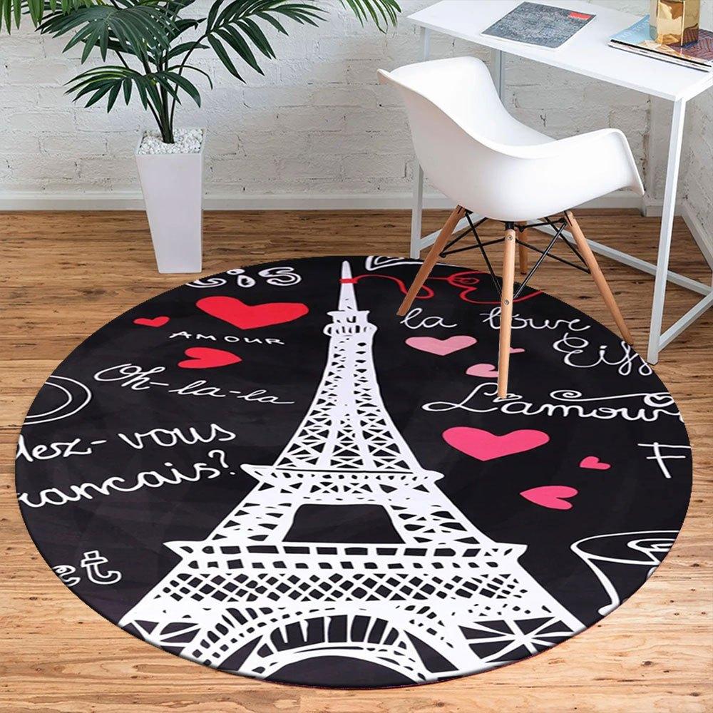 Pariser Romantik Eiffelturm Runder Teppich mit Herzen und französischen WörternRunde rutschfeste Stuhlmatte Stuhlteppich für Büro Teppiche für Bürodekoration Geschenk für Va
