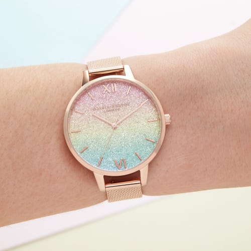 Authorized Retailer: OLIVIA BURTON Women's Watch, OB16RB18, Rainbow Glitter Dial & Rose Gold Mesh, 34mm