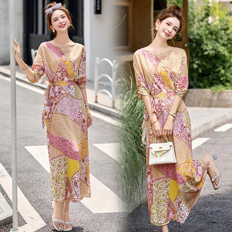 Floral dress summer belt fashion retro one-piece knee vacation long skirt