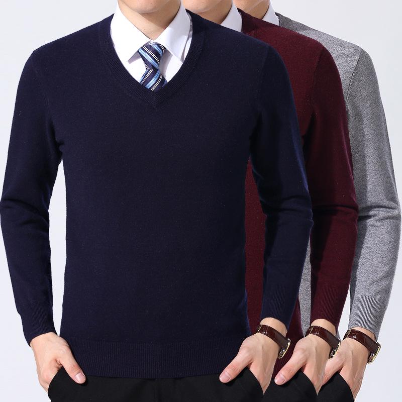 Men's V-Neck Winter Knit Sweater - Middle-Aged Thick & Warm Pullover
