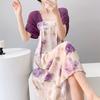 Women's nightgown thin short-sleeved printing light luxury simple breathable casual loungewear long skirt can be worn outside
