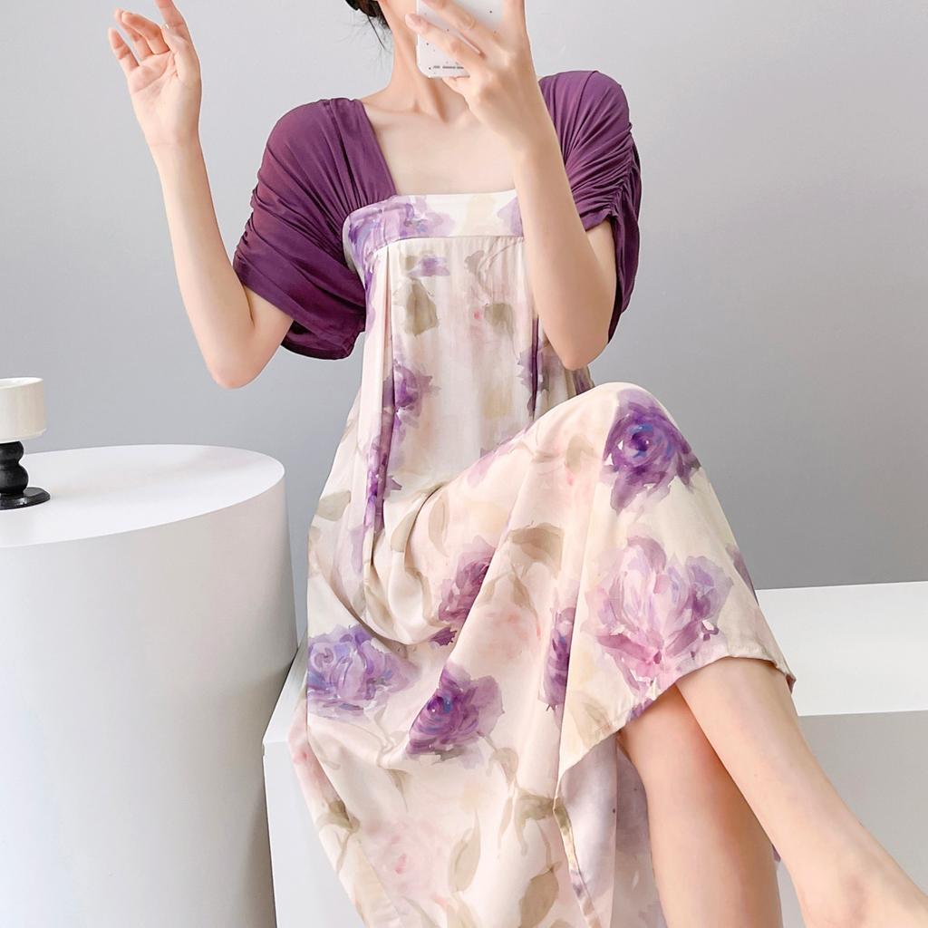Women's nightgown thin short-sleeved printing light luxury simple breathable casual loungewear long skirt can be worn outside