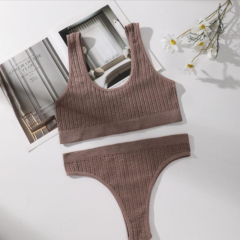 Set sutien fără cusături pentru femei Tanga cu nervuri Lenjerie intima cu talie înaltă Sutien fără sârmă pentru femei Sutien sport confortabil Set lenjerie sexy