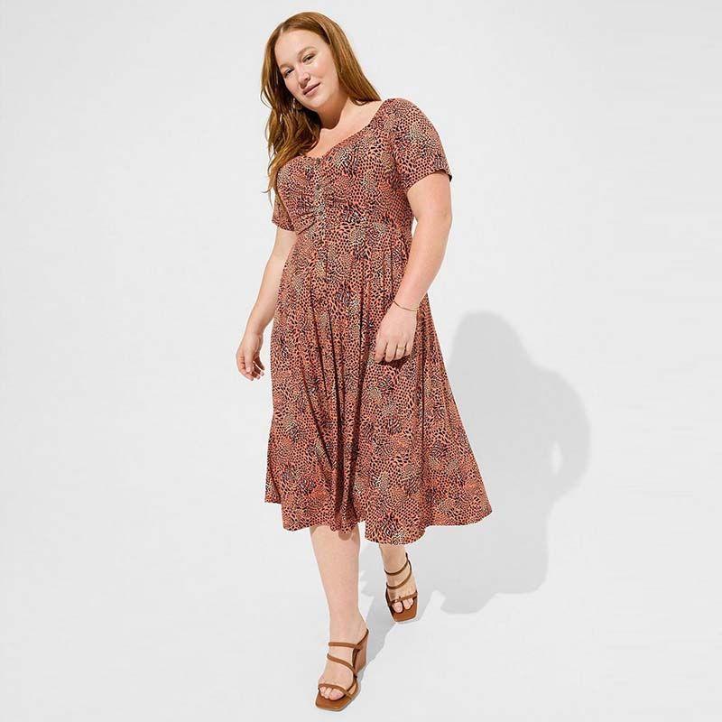 

100.00kg Fashion Export Single plus Size Women s Clothing Square Collar Short Sleeve Dress Women s Clothing Summer Waist-Tight Slimming Long Dress Orange 5 pieces