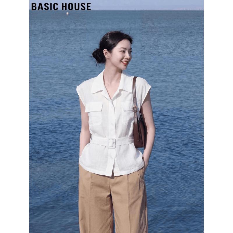 Basic House Women s Premium White Tencel Linen Belted Flutter Sleeve Shirt S