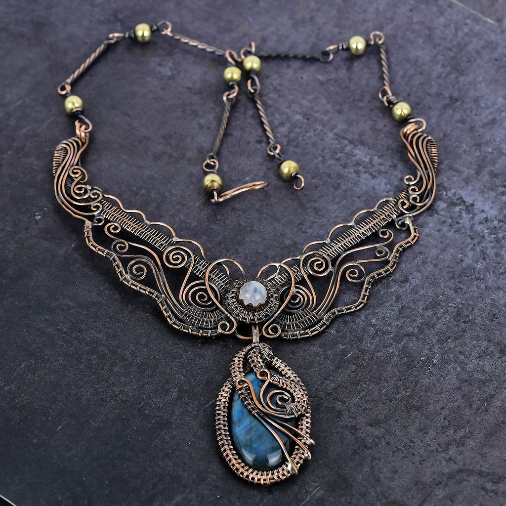 Labradorite, Moonstone Gemstone Copper Wire Wrap Jewelry Necklace 18" P0S07