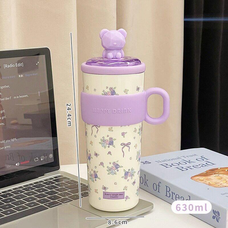 Japanese Imported Cute Rabbit and Bear Large Capacity Thermos Cup, Cold-Keeping Ice Cup, High Aesthetic Value, with Straw, for Girls, Office Use
