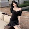 Sexy Style Solid Color Pleated Bubble Sleeves V-neck Dress Women's Summer Small Slim-fitting Ruffle Edge Miniskirt