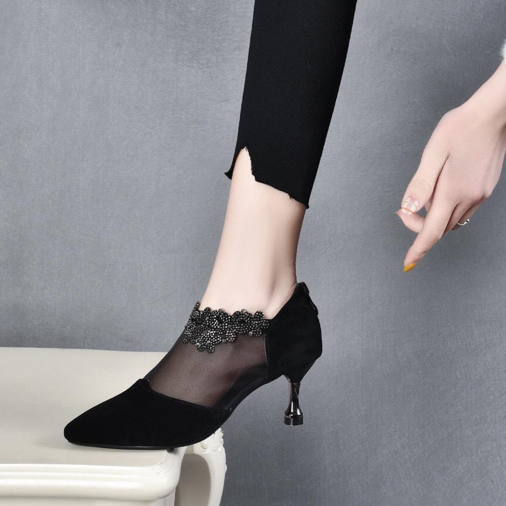 Women's Shoes Early Spring New Fashion Pointed-toed Stiletto Mesh Single Shoes Sheepskin Rhinestone Rear Zipper Temperament Heels