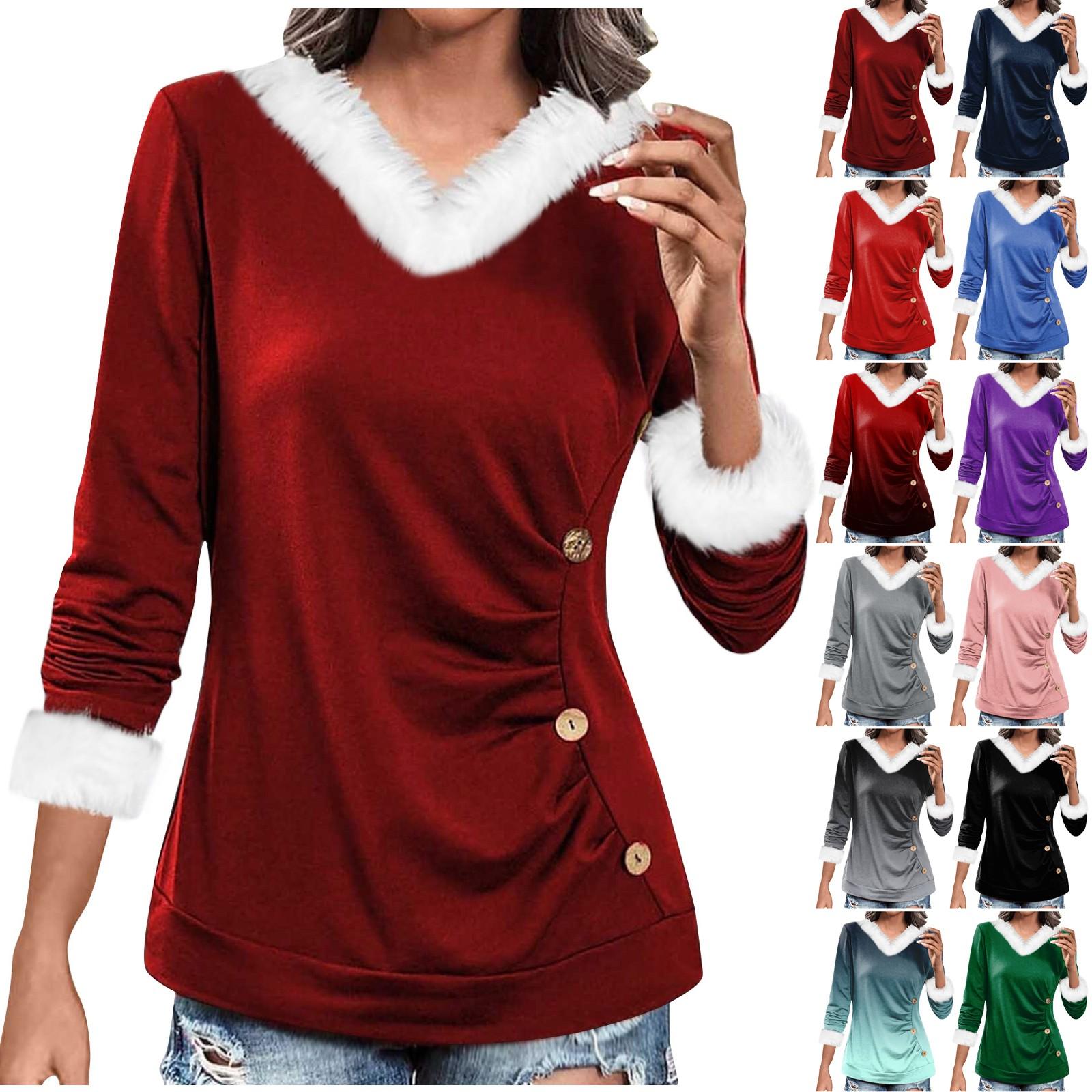 

Women s T Shirt Tee Casual Loose Shirts Long Sleeve Plush Side Button Ruffle Print Blouse Pullover Tops XXL червоний