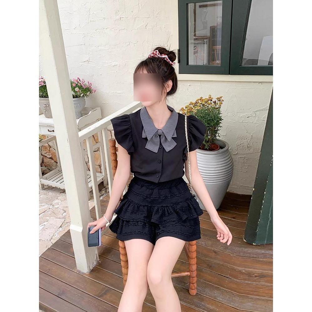 

Женский комплект из двух предметов в стиле преппи: полосатая рубашка с пышными рукавами и короткая юбка-торт XL (for 55-60kg)