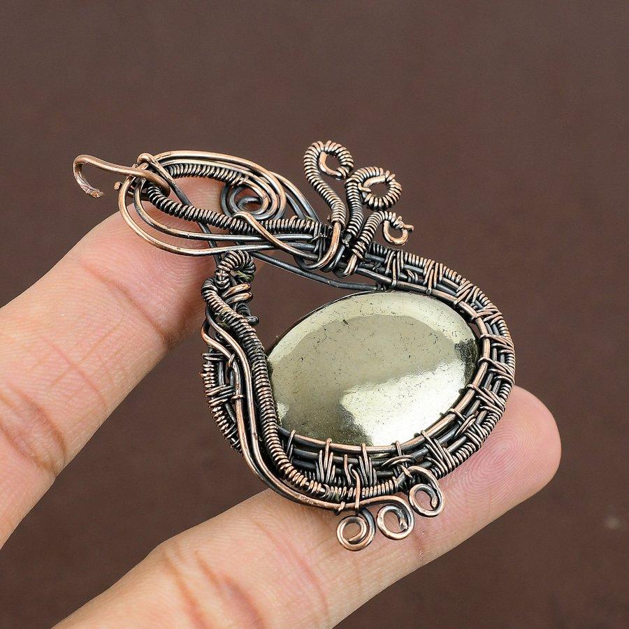 Natural Pyrite Agate Gemstone Handmade Copper Wire Wrap Pendant 2.76" F0I28
