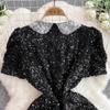 Summer Women Sweet Peter Pan Collar Black Sequined Diamonds Button Mini Short Fairy Princess Party Dresses