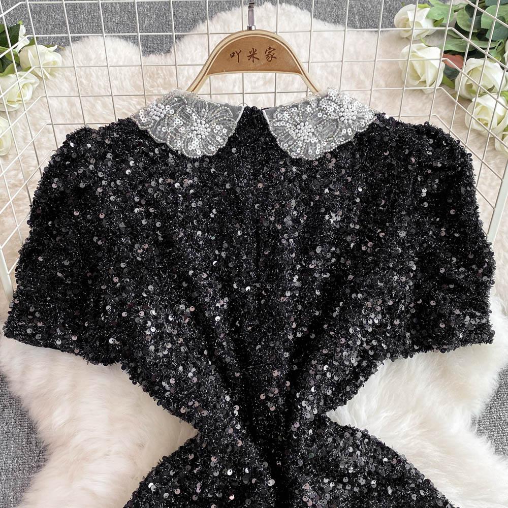 Summer Women Sweet Peter Pan Collar Black Sequined Diamonds Button Mini Short Fairy Princess Party Dresses