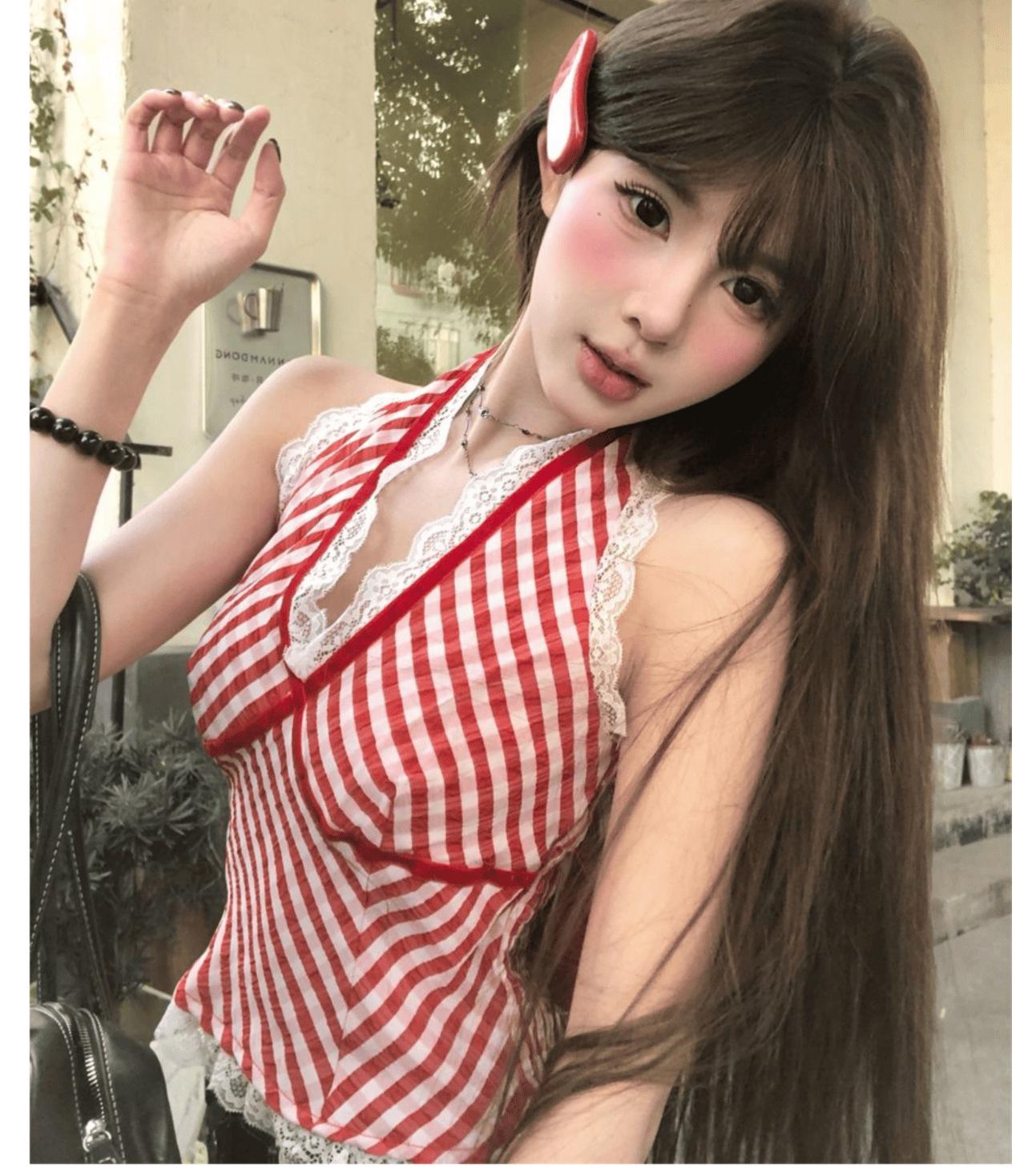 

Корейский красный клетчатый топ-камисоль с кружевной отделкой - Женский летний сексуальный облегающий топ без рукавов M красный